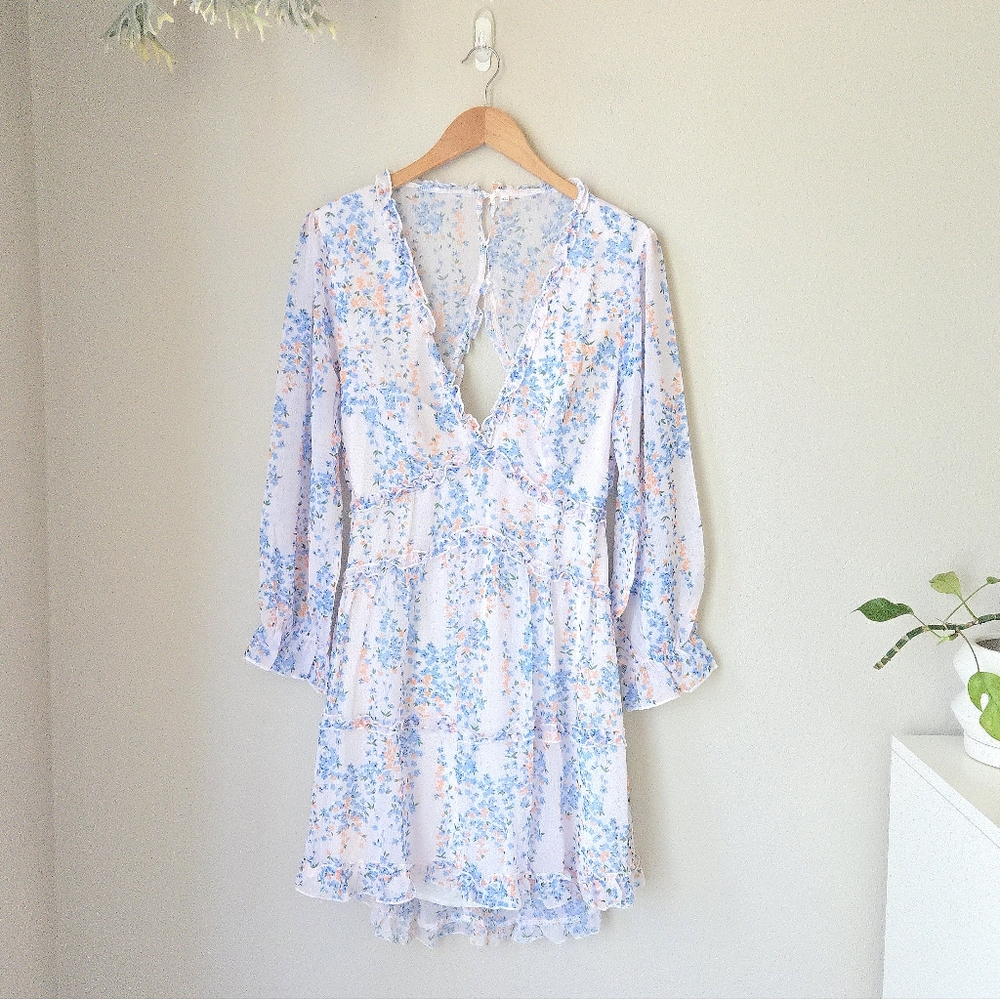 Floral Chiffon Open Back Cutout Ruffle Trim Semi-Sheer Long Sleeve Dress - Picture 3 of 15